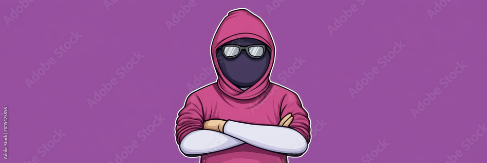 Fototapeta premium A cartoon illustration of a person in a pink hoodie and sunglasses, with their face obscured.