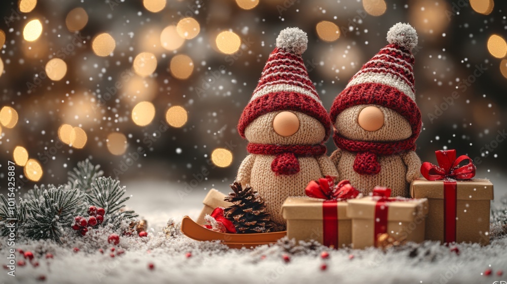 Cute Christmas toy couple with fir tree and gift boxes on bokeh background. Festive decoration on bokeh background. New Year concept. Copy space.