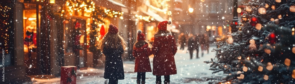 People walking down a snowy street market during Christmas with festive lights and decorated trees, creating a magical holiday atmosphere. People walking down a snowy street market during Christmas with festive lights and decorated trees, creating a magical holiday atmosphere.
