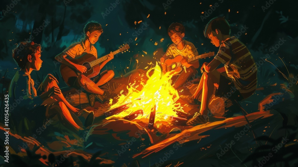 A group of boys sits around a glowing campfire in a forest at night, playing guitars and sharing stories. The warm firelight contrasts with the dark surroundings, creating a cozy and nostalgic A group of boys sits around a glowing campfire in a forest at night, playing guitars and sharing stories. The warm firelight contrasts with the dark surroundings, creating a cozy and nostalgic