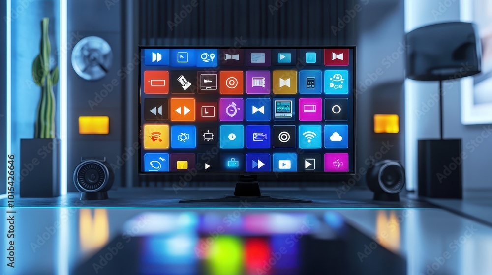 Modern home entertainment system with smart TV displaying colorful app icons on the screen in a contemporary living room setting. Modern home entertainment system with smart TV displaying colorful app icons on the screen in a contemporary living room setting.