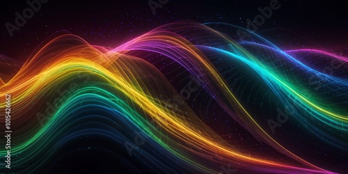 The bright and dynamic colored waves of the neon rainbow are energetic and wavy, creating an abstract 