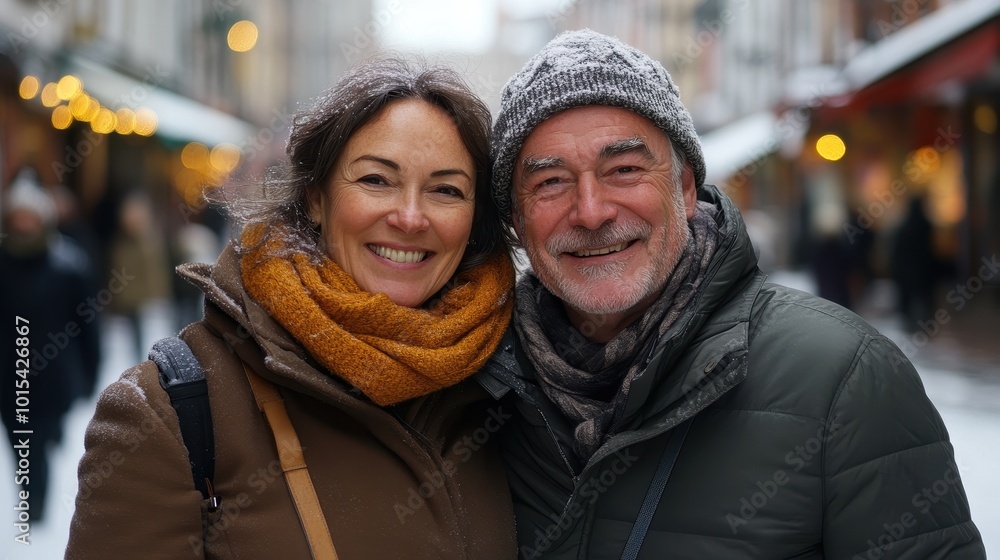 Mature couple smiling outside on a city street in winter Mature couple smiling outside on a city street in winter