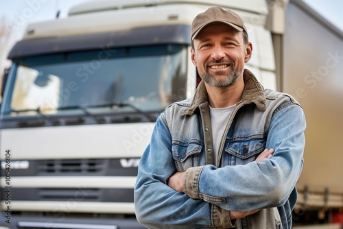 Confident adult man stands in front of large white truck. Wears blue denim jacket, brown baseball, arms crossed. Man pro truck driver, delivers freight, works in transport industry.