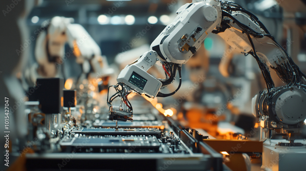 Robotic machines working on an assembly line to produce consumer electronics. Robotic machines working on an assembly line to produce consumer electronics.