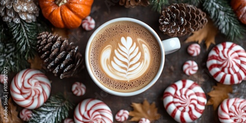 Cozy fall corner with pumpkins, sweaters, and hot chocolate on rustic wood