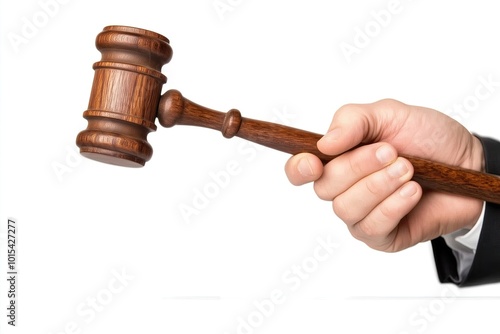 A judge's hand holding a gavel during a court session in a formal legal environment, signaling the start of proceedings photo