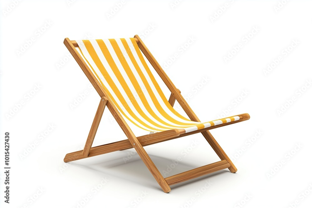 A bright yellow-striped deck chair designed for relaxing by the beach during summer vacations A bright yellow-striped deck chair designed for relaxing by the beach during summer vacations