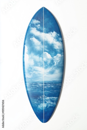 A beautifully designed surfboard showcasing a sky and ocean mural, perfect for beach lovers and surf enthusiasts photo