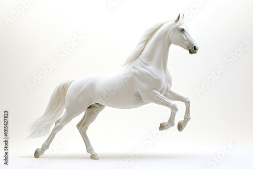 A majestic white horse gracefully leaps with elegance against a neutral background showcasing its beauty and strength