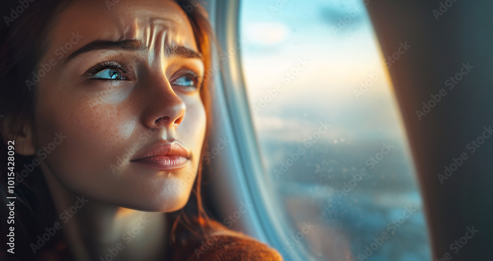 A woman gazes out of an airplane window, her expression contemplative and slightly worried, bathed in the soft glow of the sunset, capturing a moment of reflection and emotion during a flight.