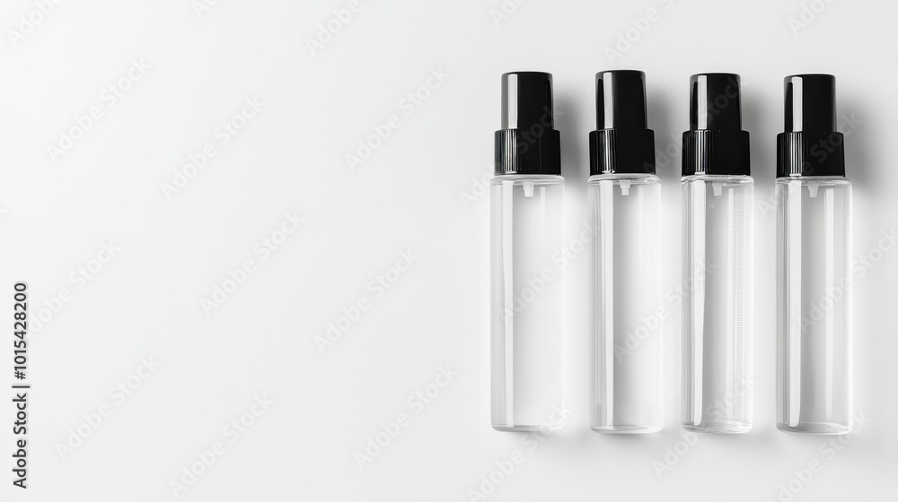Four empty clear spray bottles with black caps on a white background, ideal for cosmetics and travel use. Minimalist design. Four empty clear spray bottles with black caps on a white background, ideal for cosmetics and travel use. Minimalist design.