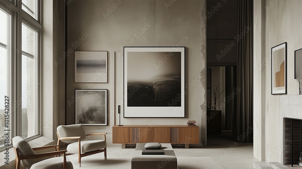 Fototapeta premium Modern living room interior featuring large artwork and stylish furniture in a minimalist design during daylight
