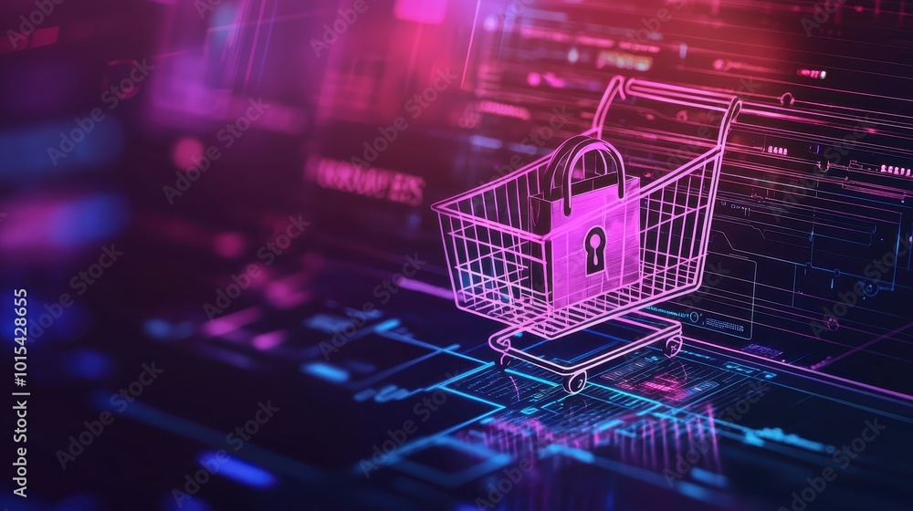 Digital shopping cart with lock symbol. Concept of cybersecurity in e-commerce. Protect online transactions and data with secure payment methods. Digital shopping cart with lock symbol. Concept of cybersecurity in e-commerce. Protect online transactions and data with secure payment methods.
