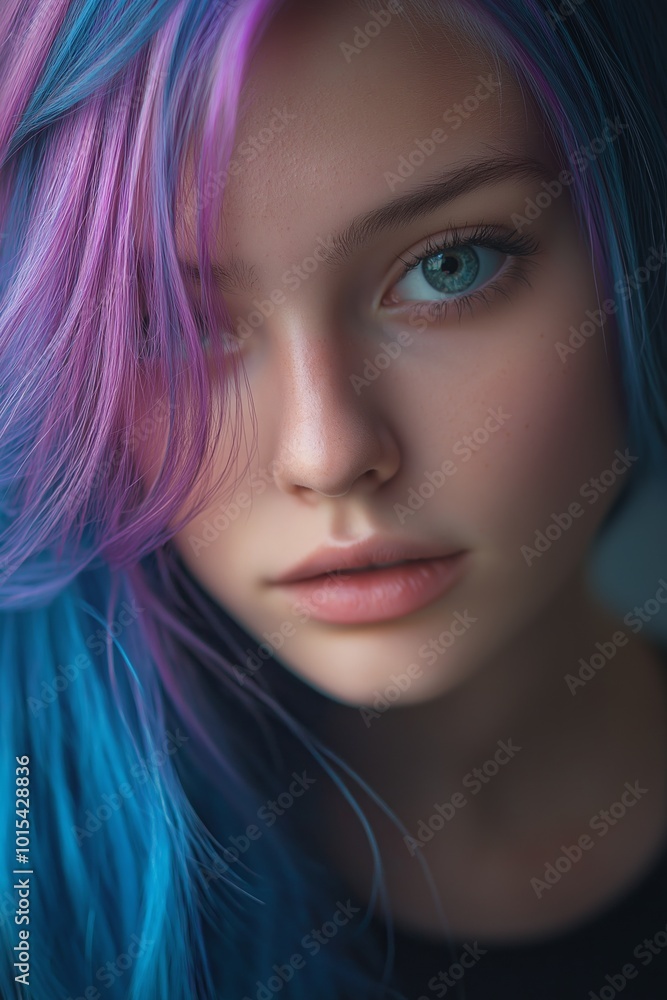 A woman with blue, purple, and pink hair is staring at the camera. The hair is styled in a way that makes it look like it is made of many strands. The woman's face is the main focus of the image A woman with blue, purple, and pink hair is staring at the camera. The hair is styled in a way that makes it look like it is made of many strands. The woman's face is the main focus of the image