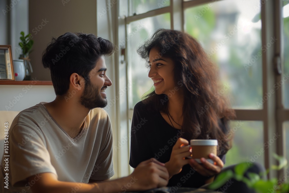 Indian couple enjoys coffee together at home. Man and woman sit on couch, holding cups, smiling. Plant in background, window view of trees outside. Relaxed atmosphere, happy couple Indian couple enjoys coffee together at home. Man and woman sit on couch, holding cups, smiling. Plant in background, window view of trees outside. Relaxed atmosphere, happy couple