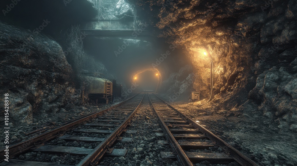 Naklejka premium Railway tunnel with dim lighting and rocky walls