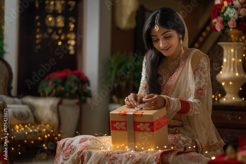 Young Indian woman in traditional saree opens gift box on luxurious couch. Decorated room with flowers, gold lamp, white tablecloth, brown box with red bow. Elegant atmosphere, beautiful interior