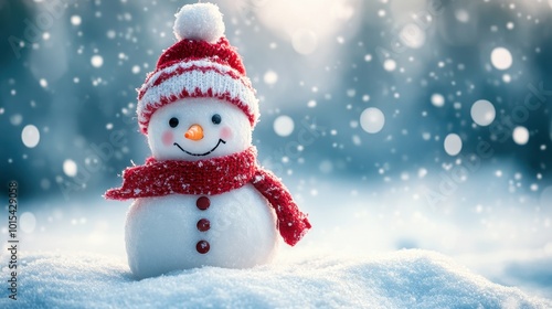 Snowman on snowdrift in the winter with copy space Christmas background