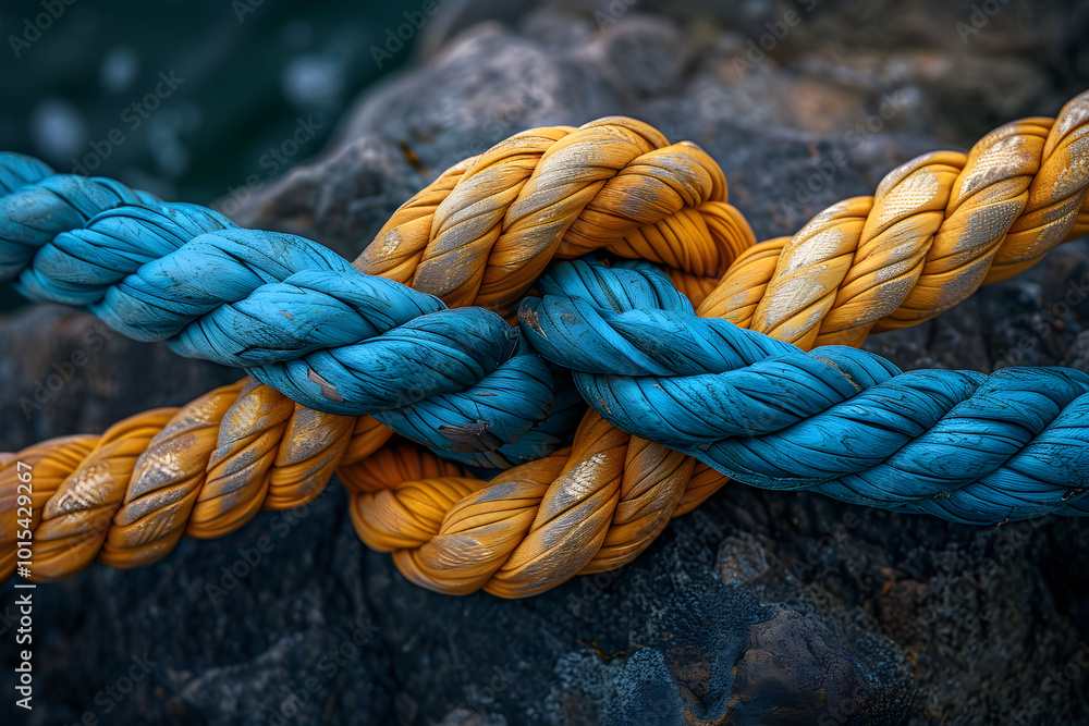 Blue and yellow ropes tied in a knot on a stone background Blue and yellow ropes tied in a knot on a stone background