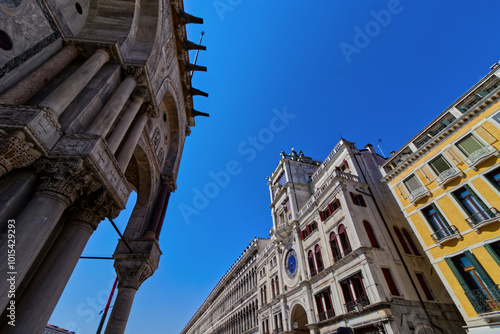 Looking up at the beautiful ancient buildings at St Mark's square, Venice, Italy