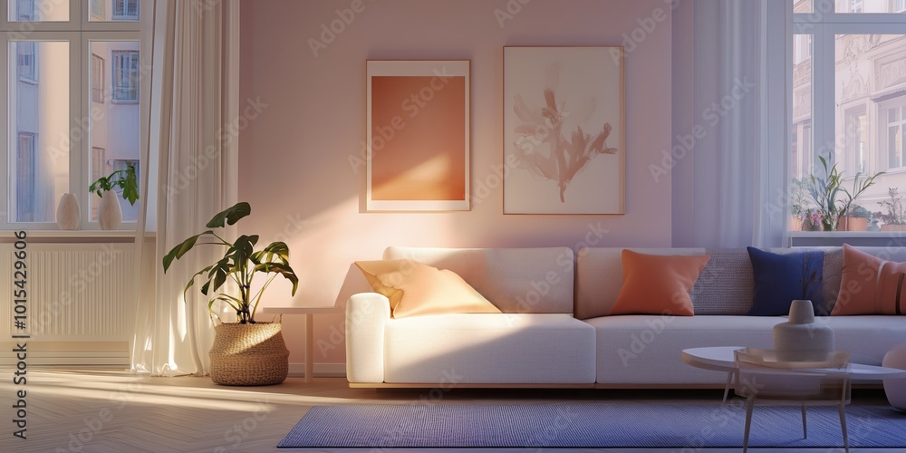 Fototapeta premium Modern living room bathed in warm afternoon sunlight featuring a comfortable couch and decorative plants in a serene setting
