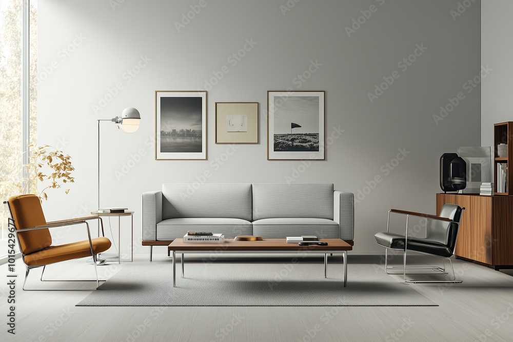 Fototapeta premium Modern living room with gray sofa, wooden coffee table, and stylish chairs in a bright space with natural light