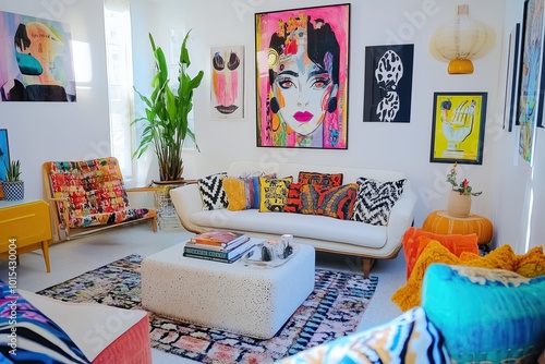 Colorful and eclectic living room with vibrant art and comfortable seating in a modern home
