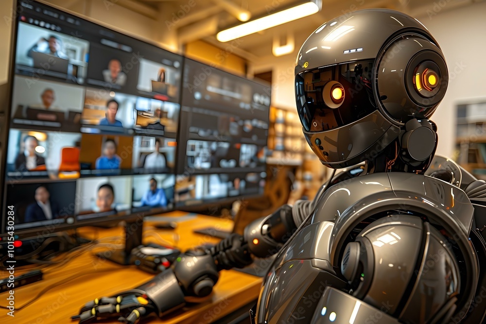 Fototapeta premium Humanoid Robot Watching Online Video Conference Meeting In Office.