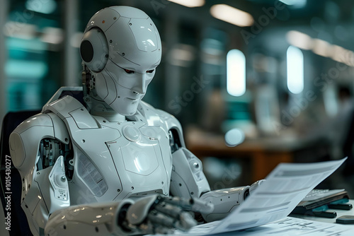 Humanoid robot processing digital invoices and statements using advanced AI technology.