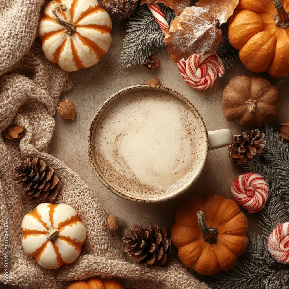 Cozy fall corner with pumpkins, sweaters, and hot chocolate on rustic wood Cozy fall corner with pumpkins, sweaters, and hot chocolate on rustic wood