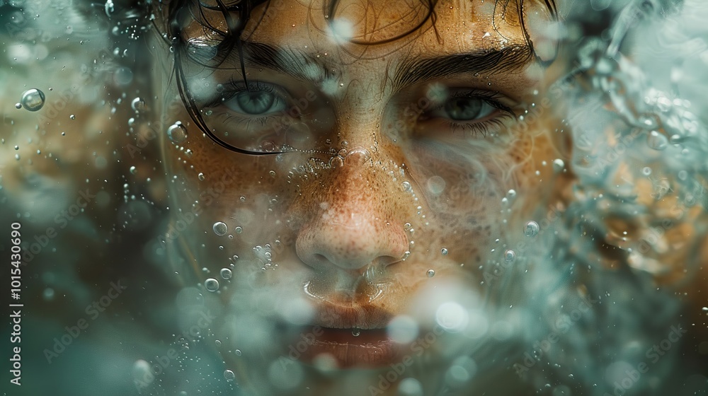 Close-up Portrait of a Person Underwater with Bubbles Close-up Portrait of a Person Underwater with Bubbles