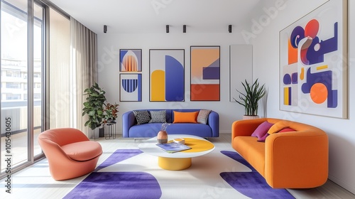 Stylish modern living room with colorful furniture and abstract art, featuring large windows that invite natural light in the afternoon