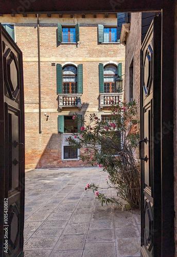 The door opens to the traditional roman architecture, Venice, Italy