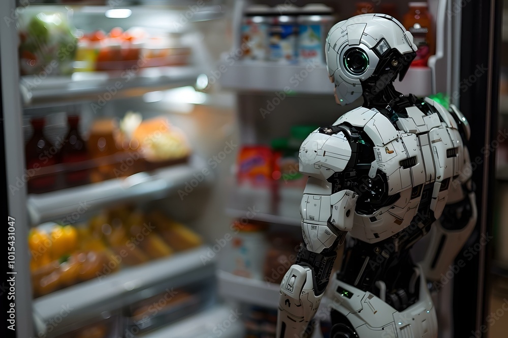 Rear View Of A Confused Humanoid Robot Looking At Food In Refrigerator Rear View Of A Confused Humanoid Robot Looking At Food In Refrigerator