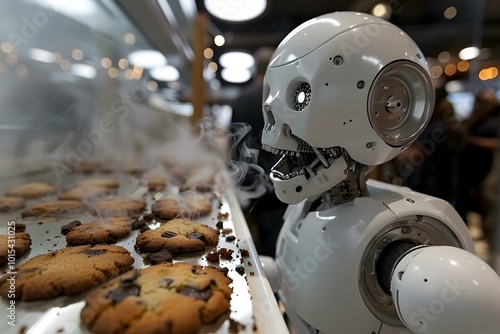 Shocked humanoid robot looking at burnt cookies with smoke coming from oven. photo