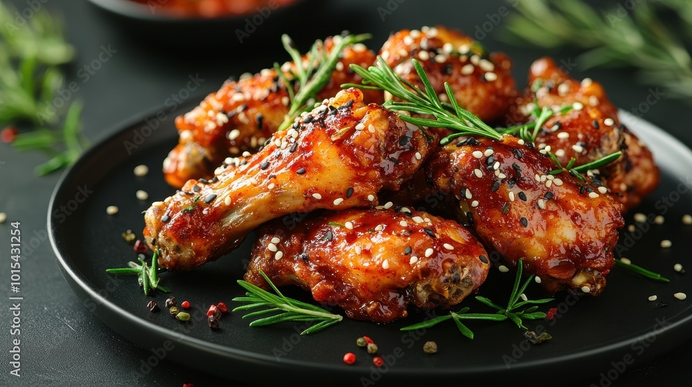 Soy and Spicy Korean Fried Chicken Served on a Black Plate Soy and Spicy Korean Fried Chicken Served on a Black Plate