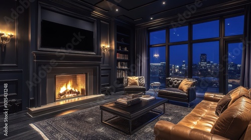 Wallpaper Mural Stylish living room with beautiful fireplace armchair and different decor at night Interior design Torontodigital.ca
