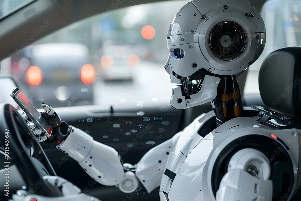 Close-up of a humanoid robot's hand sending text message by mobile phone while driving car. Close-up of a humanoid robot's hand sending text message by mobile phone while driving car.