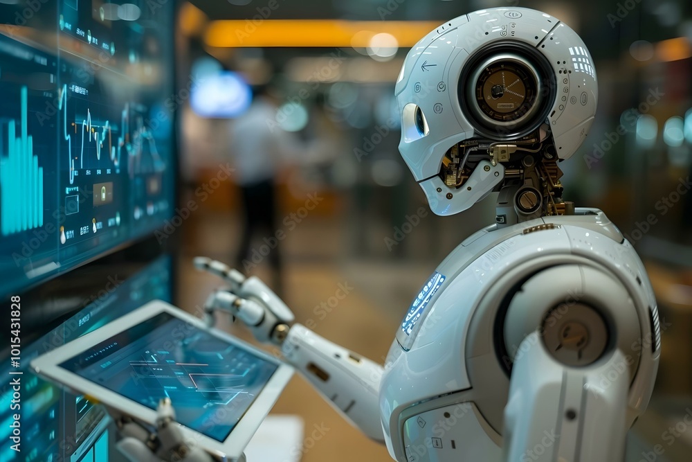 Close-up Of Humanoid Robot Looking At Graph On Digital Tablet, tablet, ai, artificial, advisor, intelligence, code, financial, tech, machine, graph, technology, future, woman, 4, 0, chart