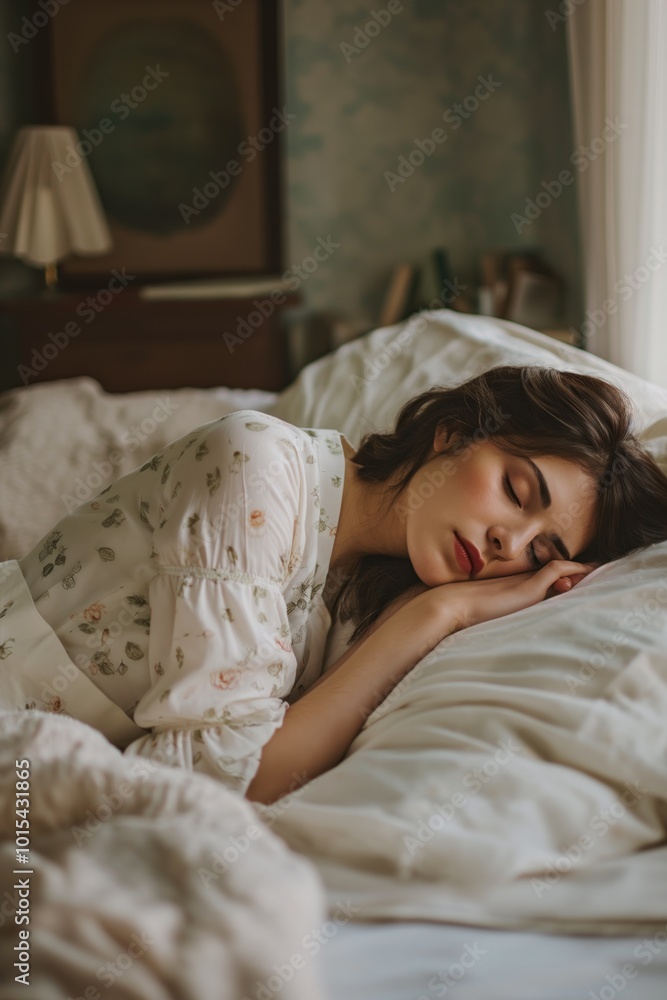 Woman sleeps on bed with white pillow. White comforter, blanket create calm atmosphere. Natural filters in through window with white curtains. Painting on wall behind bed adds artistic touch. Woman sleeps on bed with white pillow. White comforter, blanket create calm atmosphere. Natural filters in through window with white curtains. Painting on wall behind bed adds artistic touch.