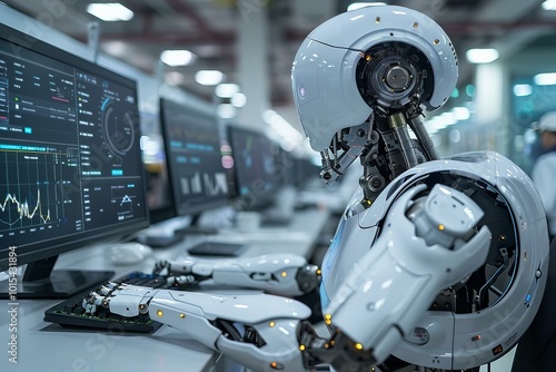 Humanoid Robot Sitting at a Desk Watching an Online Presentation on the Computer