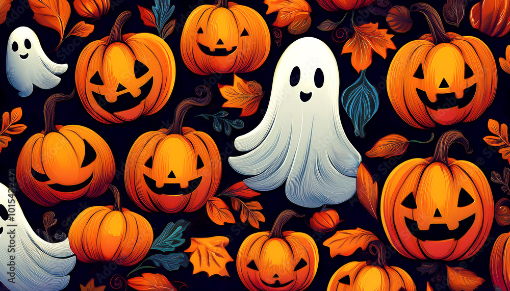 Halloween pattern background with pumpkins, ghosts and autumn leaves on a black background