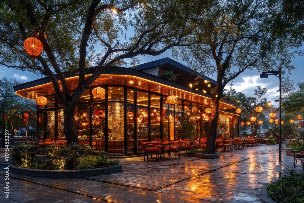 A restaurant patio with a lot of lights and lanterns hanging from the ceiling A restaurant patio with a lot of lights and lanterns hanging from the ceiling