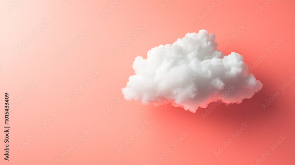 Naklejka premium soft white cloud floats against a serene pastel coral background, symbolizing tranquility, hope, and freedom. The gentle contrast evokes a peaceful, dreamlike atmosphere of renewal and calm