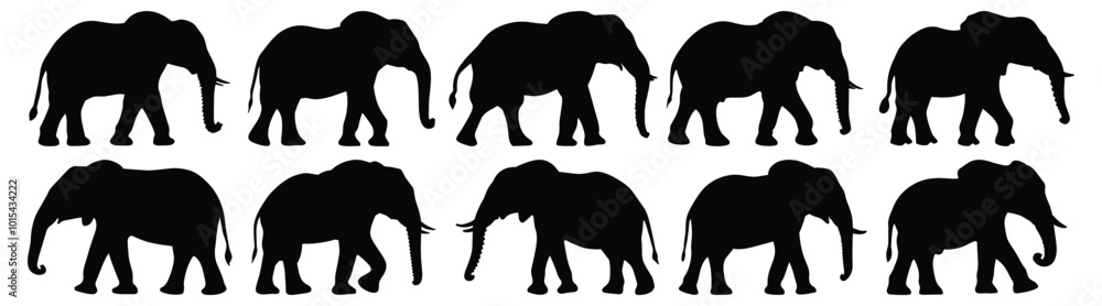 Elephant silhouettes set, animal pack of vector silhouette design, isolated background. Elephant silhouettes set, animal pack of vector silhouette design, isolated background.