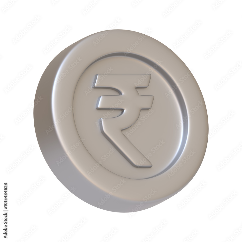 Silver coin with the Indian rupee symbol, representing finance, currency, and the economy of India. 3D icon, sign and symbol. Side view. 3D render illustration Silver coin with the Indian rupee symbol, representing finance, currency, and the economy of India. 3D icon, sign and symbol. Side view. 3D render illustration