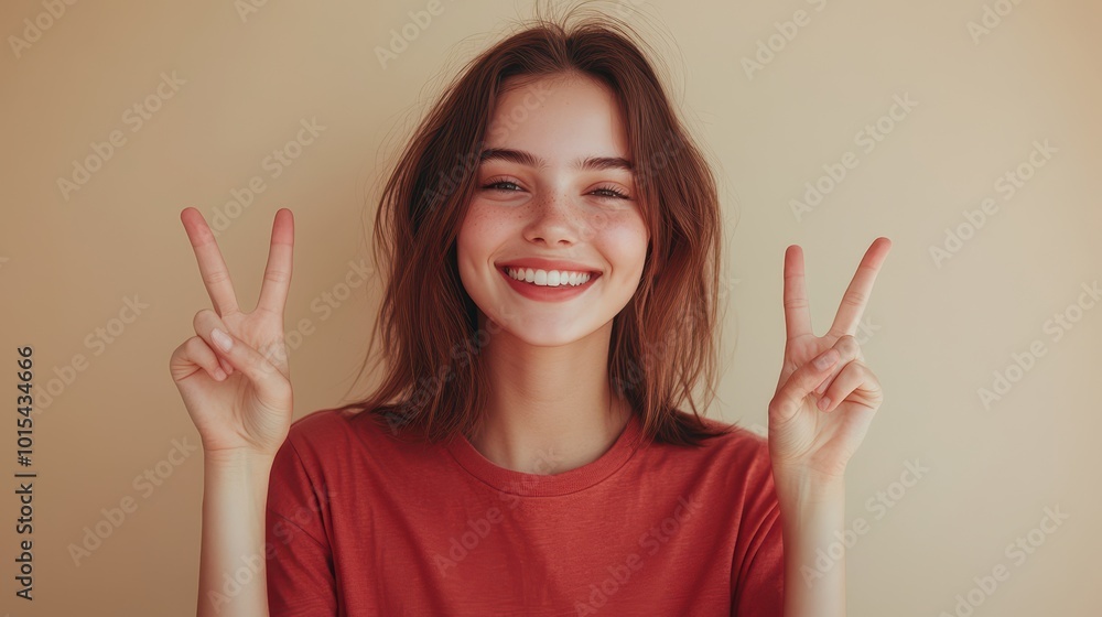 Young smiling cheerful fun cool happy woman she wearing red t-shirt casual clothes showing victory sign look camera isolated on plain pastel light beige background studio portrait. Lifestyle concept. Young smiling cheerful fun cool happy woman she wearing red t-shirt casual clothes showing victory sign look camera isolated on plain pastel light beige background studio portrait. Lifestyle concept.