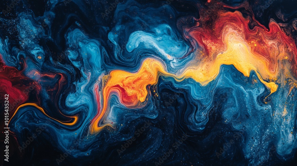 Vibrant ink explosion of red, blue, and yellow colors in dark space Vibrant ink explosion of red, blue, and yellow colors in dark space