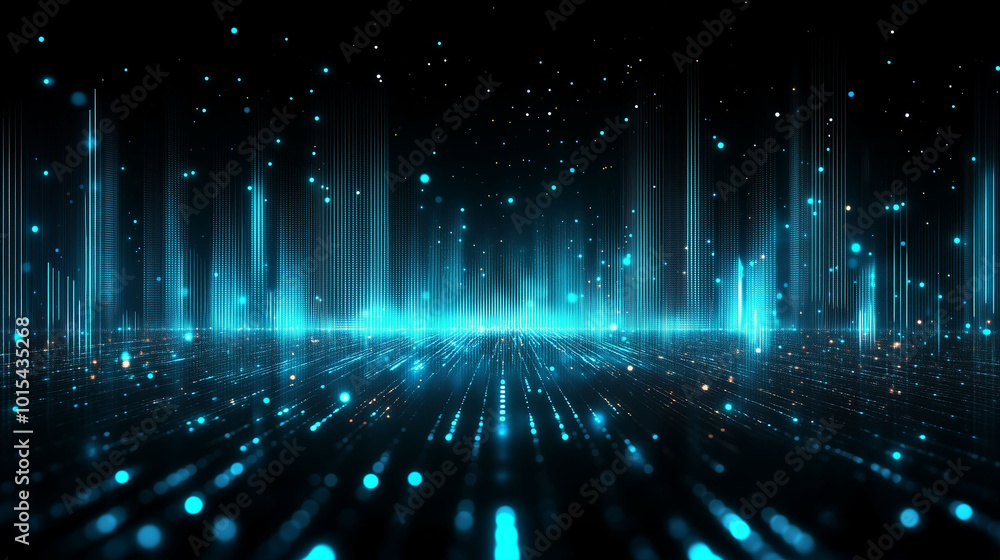 Futuristic blue data particles and digital light grid in a dark space Futuristic blue data particles and digital light grid in a dark space